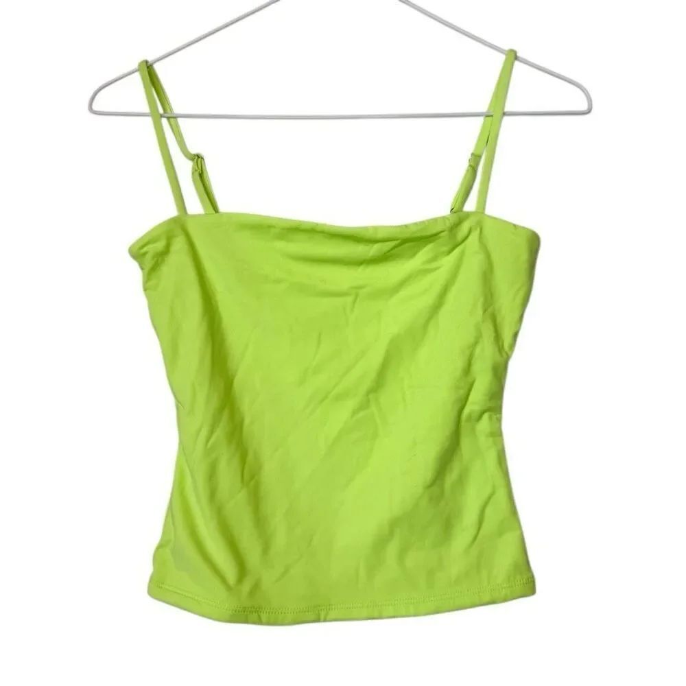 Qinsen Square Neck Adjustable Spaghetti Strap Stretch Cami Tank Top Green XS